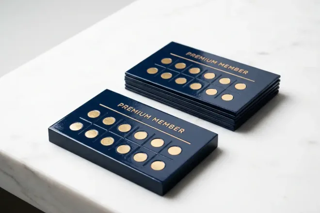 Glanzende premium lidmaatschapskaart met reliëf loyaliteitsstempelraster op wit retailtoonbank, navy en goud tinten.