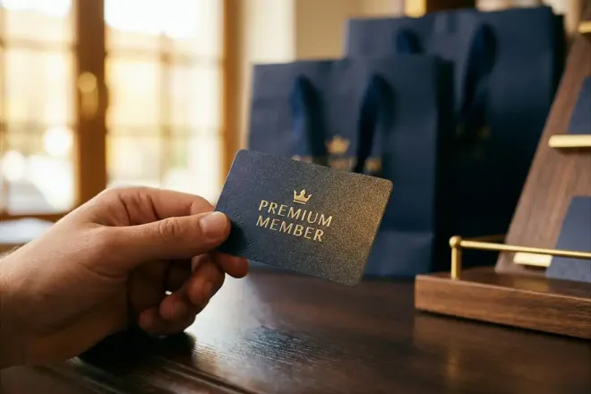 Premium lidmaatschapskaart met reliëftextuur tussen vingers gehouden boven een winkelkassa, met loyaliteitsdisplay op achtergrond.