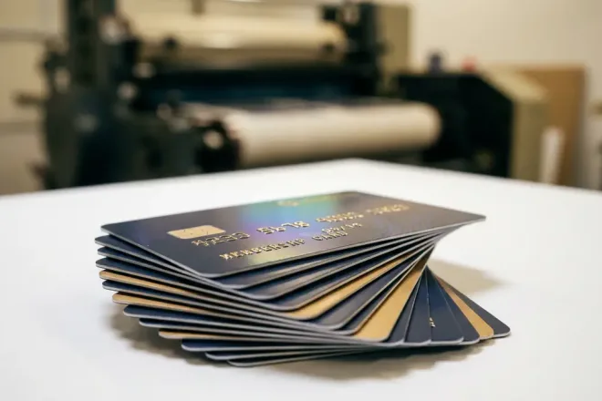 Premium lidmaatschapskaarten in marineblauw en goud, uitgewaaierd op wit oppervlak met holografische glans en reliëfdetails.