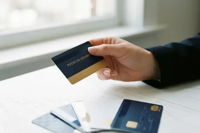 Premium lidmaatschapskaarten uitgewaaierd op wit bureau, één kaart omhooggehouden ter inspectie, mat en glanzend afwerking met gouden accenten.