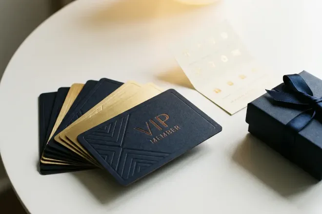 Gestapelde premium ledenpassen met reliëfdetails en metallic afwerking, loyaltypas en elegante verpakking op wit oppervlak.