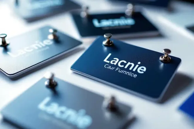 Hoogwaardige naamplaatjes met scherpe bedrijfslogo's op witte ondergrond, professionele drukwerk met glanzende afwerking