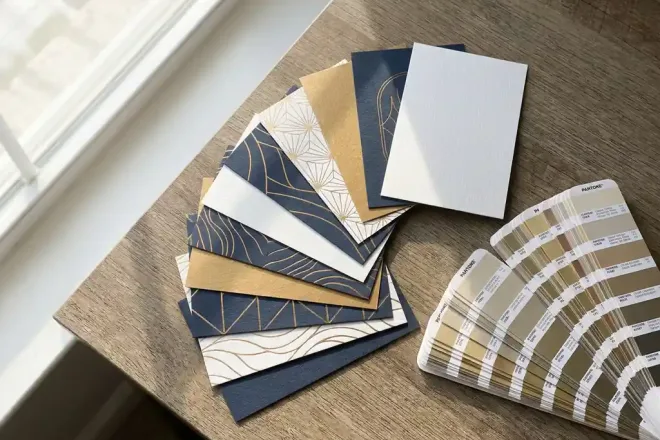 Waaier van premium visitekaartjes met gecoördineerde kleurpaletten in wit, marineblauw en goud, naast een Pantone kleurenstaal op een wit bureau.