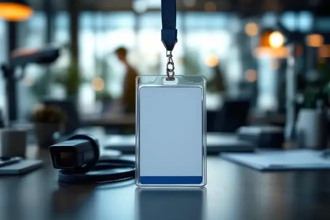 Professionele ID-badge met keycord op bureau, omringd door toegangscontrole apparatuur en beveiligingscamera's