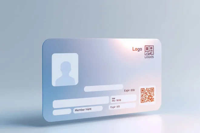 Professionele lidmaatschapskaart in liggend formaat met placeholders voor profielfoto, ledennaam, ID-nummer, QR-code en logo in blauw-witte stijl met 3D-schaduweffect.