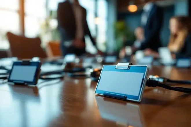 Professionele naamkaartjes met magnetische clips op houten conferentietafel in moderne kantooromgeving