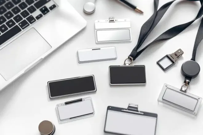 Verschillende professionele naamplaatjes met magnetische, clip en keycord bevestigingen op wit bureau naast laptop