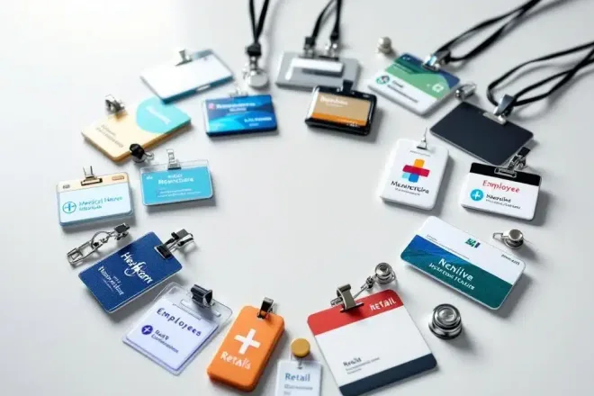 Professionele naamplaatjes van verschillende sectoren gerangschikt in circulair patroon op witte ondergrond