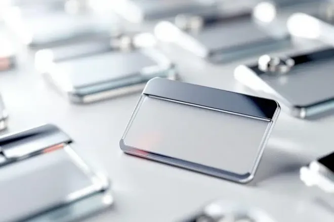 Professionele naamkaartjes met zilveren frames gerangschikt op witte ondergrond met zachte belichting