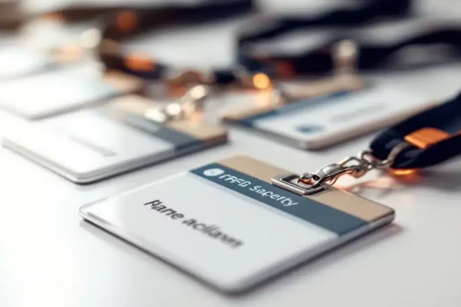 Professionele naamkaartjes met veiligheidsfuncties zoals magnetische clips en RFID-chips op witte ondergrond