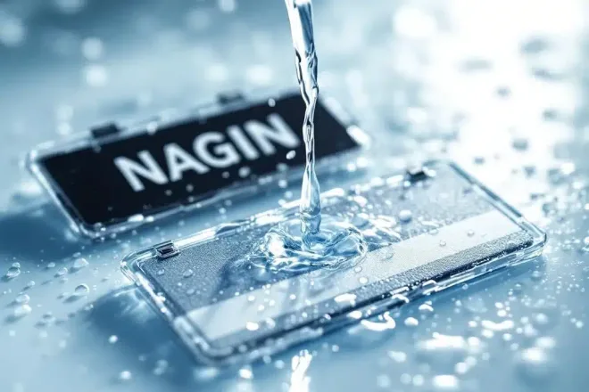 Professionele naamplaatjes van plastic, metaal en stof worden gewassen met waterdruppels op wit oppervlak