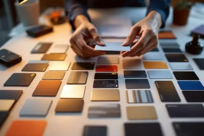 Handen vergelijken verschillende plastic kaarten op bureau, met glanzende, matte en metallic afwerkingen