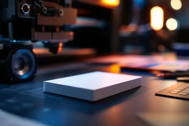 Wit PVC visitekaartje op modern ontwerpbureau met designtools, kleurenstalen en printer op achtergrond