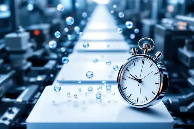 PVC-kaarten op moderne productielijn met drukpersen, CMYK-inktdruppels en stopwatch in overhead weergave