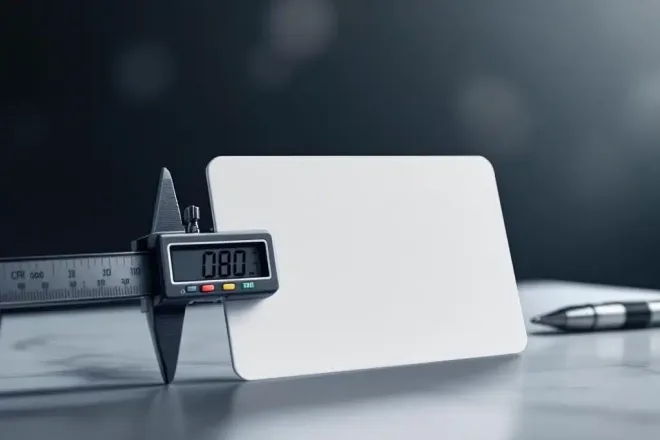 Witte CR80 PVC visitekaart op bureau met digitale schuifmaat die afmetingen toont, professionele verlichting