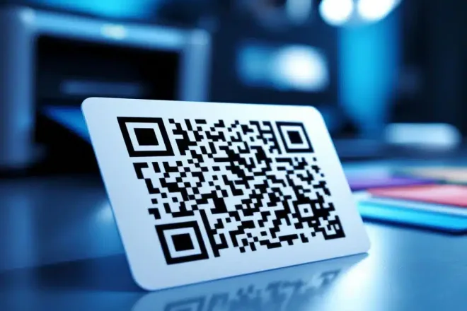 Witte plastic kaart met zwarte QR-code op bureau met professionele kaartprinter op achtergrond