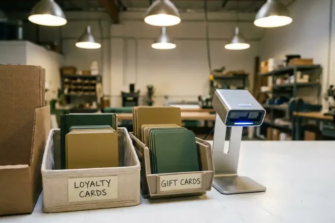 PVC-vrije loyaliteits- en cadeaukaarten gesorteerd in gelabelde recyclingbakken naast een digitale scanner op een witte productievloer.