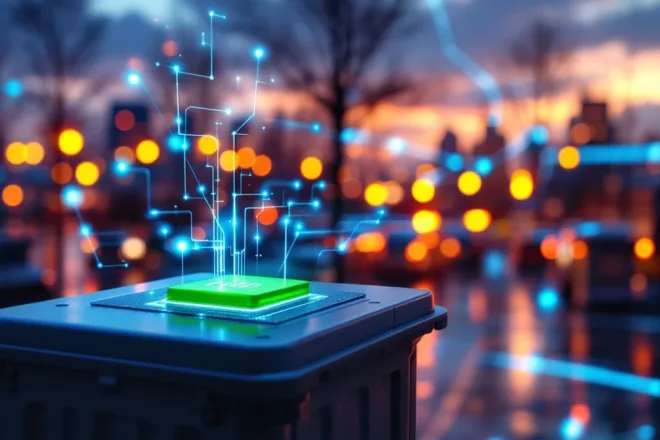 Groene RFID afvalpas zweeft boven sensor van moderne afvalcontainer, met lichtblauwe datastralen die gegevensuitwisseling symboliseren in stedelijke omgeving.