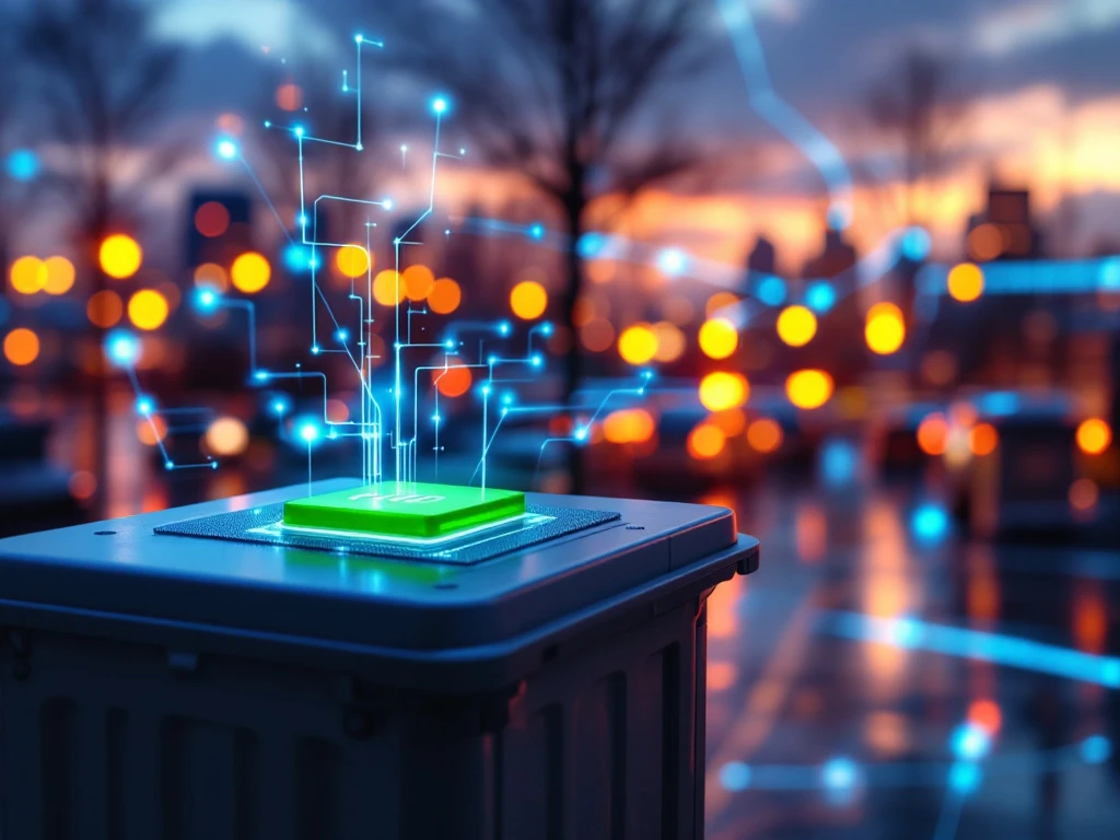 Groene RFID afvalpas zweeft boven sensor van moderne afvalcontainer, met lichtblauwe datastralen die gegevensuitwisseling symboliseren in stedelijke omgeving.