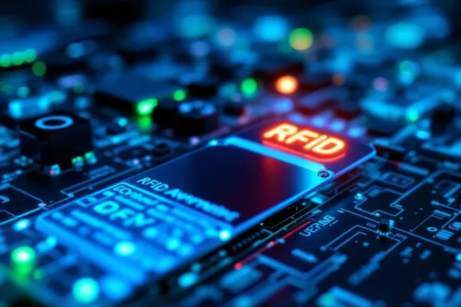 RFID-afvalpas die wordt geplaatst in een digitaal gemeentelijk systeem met LED-indicatoren en netwerkverbinding, symbool voor moderne afvalverwerking.