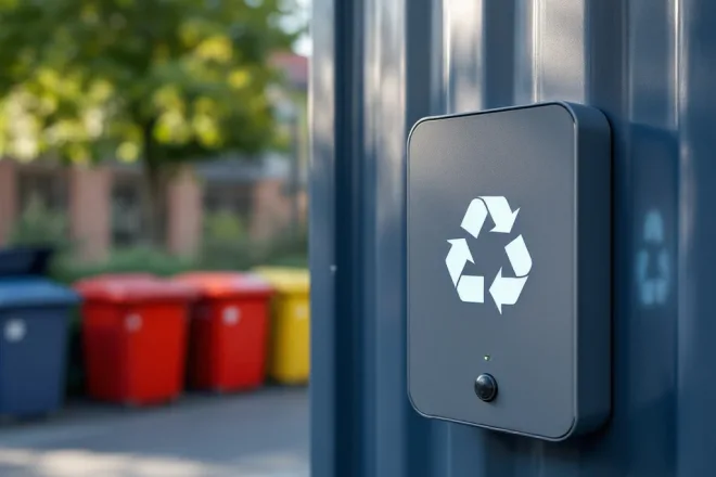 RFID-afvalpas wordt gescand bij ondergrondse container met blauw licht, terwijl op de achtergrond een georganiseerd afvalscheidingsstation met gekleurde containers zichtbaar is.