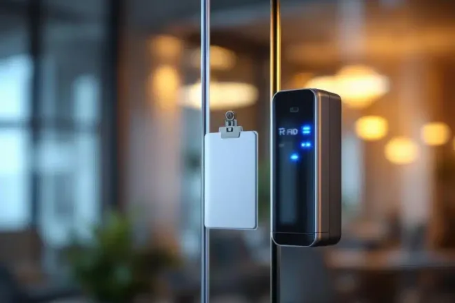 RFID-badge met microchip naast elektronische kaartlezer met blauwe LED-lichten op glazen deur in kantooromgeving