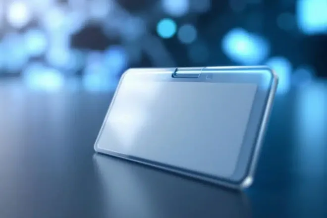 Moderne witte RFID-badge met zichtbare chip op donker oppervlak, met onscherpe scanapparatuur op achtergrond