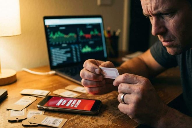 Beveiligingsmedewerker onderzoekt RFID-tag met smartphone die beveiligingsmelding toont op houten bureau