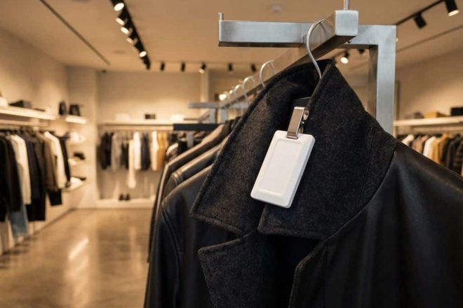 RFID-beveiligingstag bevestigd aan designerjack op kledingrek in moderne winkel met heldere verlichting