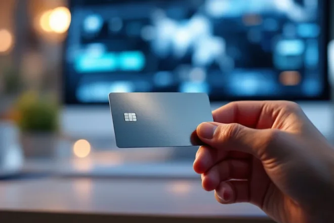 Close-up van een hand met een elegante RFID-cadeaukaart, omgeven door een modern kantoor met een digitaal interface op een scherm.