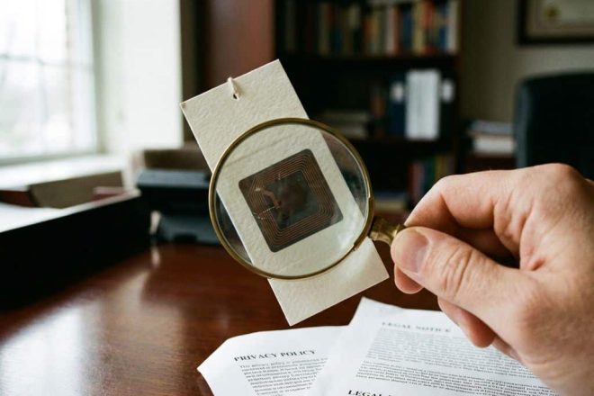RFID-chip in kledingslabel onder vergrootglas met privacydocumenten op houten bureau, handen zichtbaar