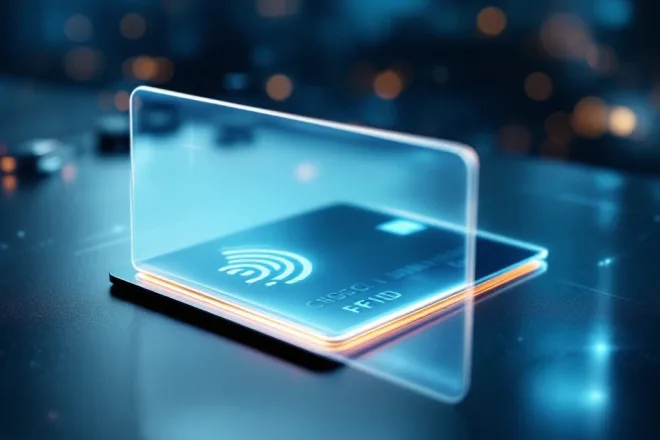 Een RFID-kaart wordt beschermd door een gloeiende barrière, omgeven door technologie-elementen en sfeerverlichting in blauw en zilver.