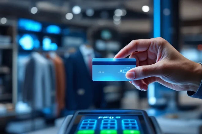 Hand houdt RFID-kaart boven moderne betaalterminal in winkel met op achtergrond artikelen met RFID-tags en digitaal voorraadscherm.