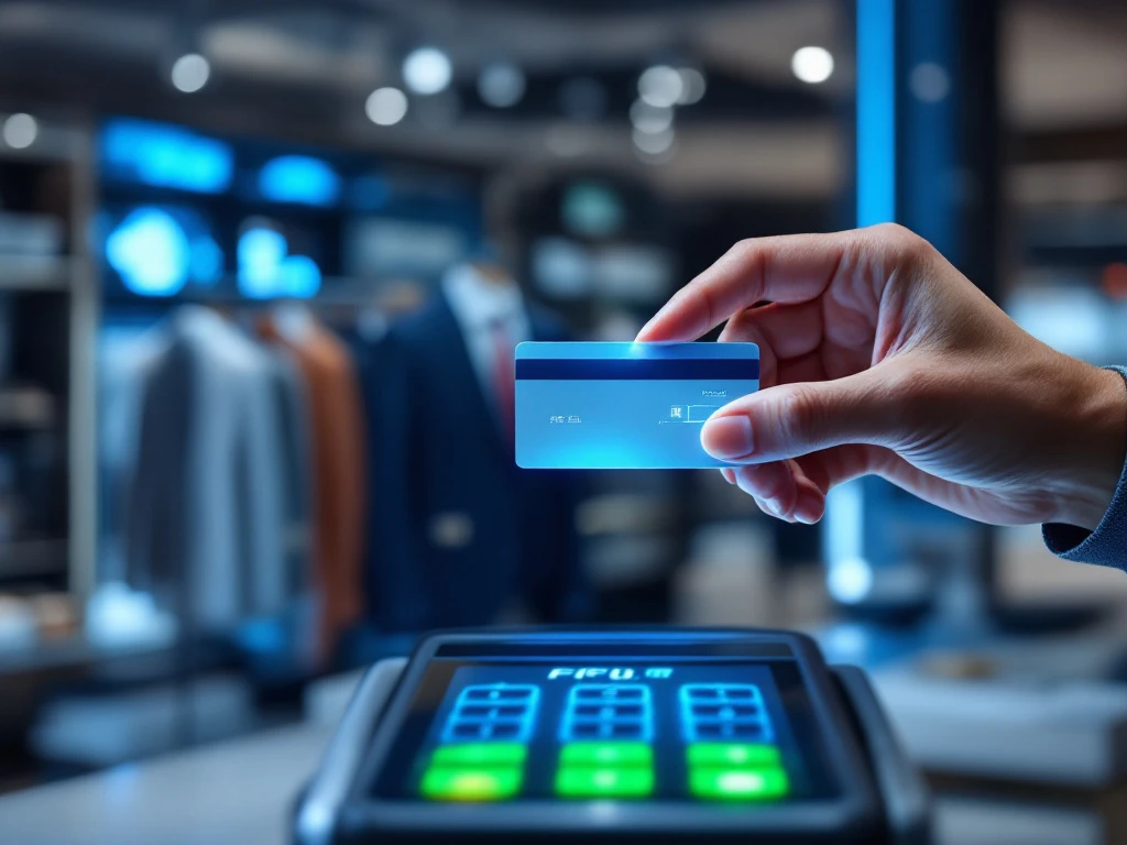 Hand houdt RFID-kaart boven moderne betaalterminal in winkel met op achtergrond artikelen met RFID-tags en digitaal voorraadscherm.