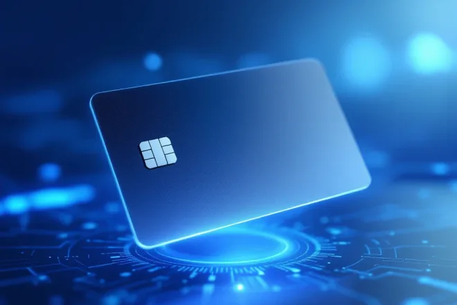 RFID kaart met gloeiende chip, deels versleten, zwevend boven digitale patronen met blauwe verlichting en tijdsymboliek