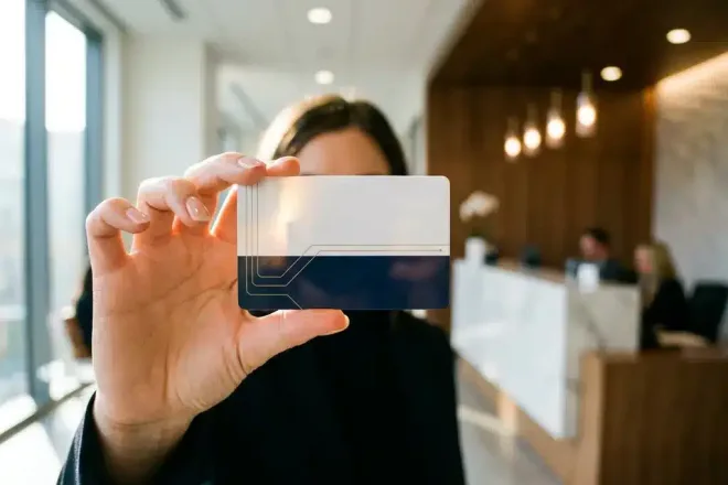 RFID-toegangspas tussen twee vingers gehouden, zichtbare chippatroon op het oppervlak, moderne receptie op de achtergrond.