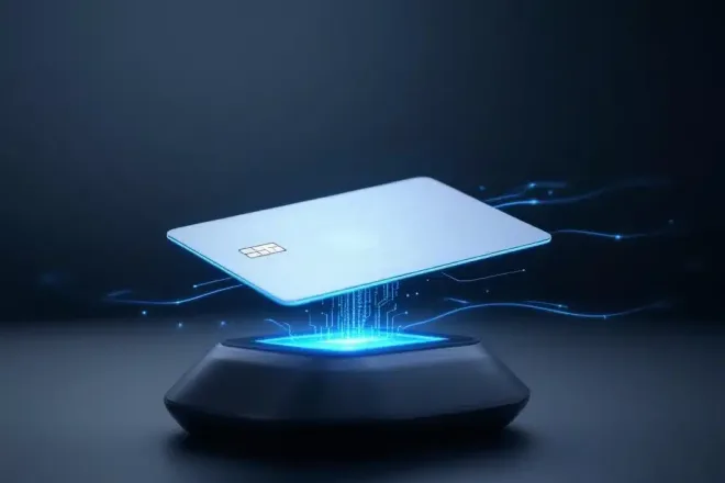 Witte RFID-kaart met verlichte chip zweeft boven kaartlezer met blauwe elektromagnetische golven