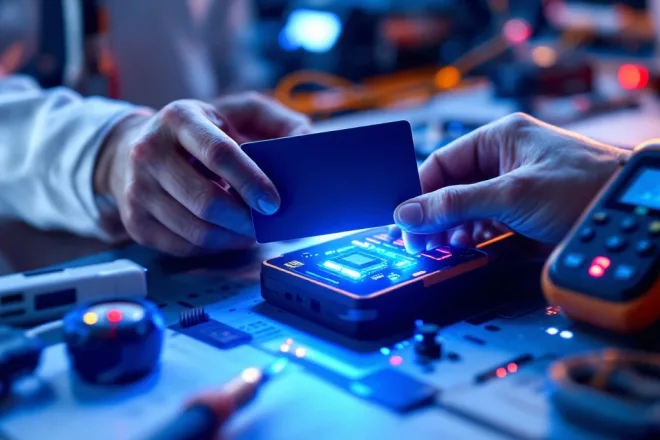 Blauwe RFID-kaart zweeft boven moderne kaartlezer met zichtbare chip en antenne, terwijl blauwe lichtgolven de draadloze communicatie visualiseren in een professionele werkomgeving.