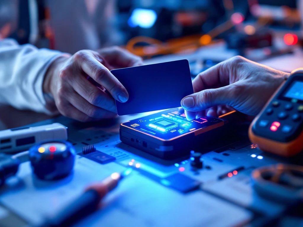 Blauwe RFID-kaart zweeft boven moderne kaartlezer met zichtbare chip en antenne, terwijl blauwe lichtgolven de draadloze communicatie visualiseren in een professionele werkomgeving.