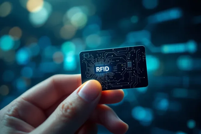 Twee vingers houden een RFID-kaart met circuitpatronen vast tegen een wazige achtergrond in blauw-groene tinten, die digitale connectiviteit symboliseren.