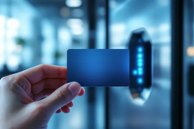 Een hand houdt een RFID-kaart voor een futuristische beveiligingspoort, met blauw LED-licht en een moderne kantoorachtergrond.
