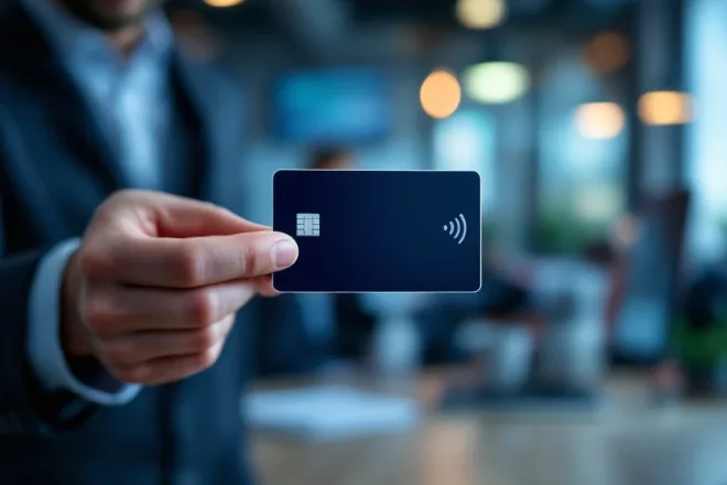 Een professionele hand houdt een moderne RFID-kaart vast in een kantooromgeving, symboliserend veiligheid en innovatie voor kleine bedrijven.