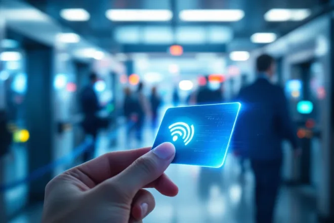 Een RFID-kaart met blauwe gloed in een modern gebouw met automatische deuren, symboliseert geavanceerde technologie en naadloze toegang.