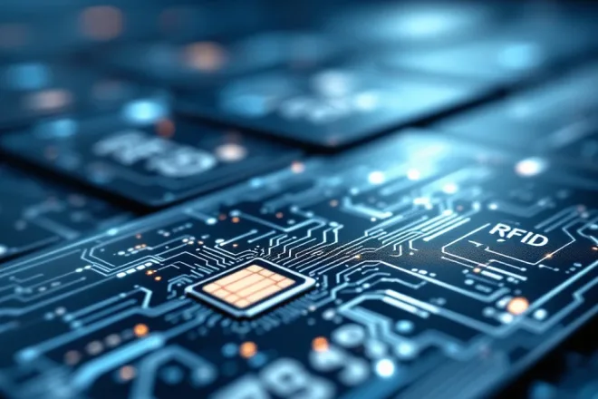 Close-up van een RFID-kaart met circuitpatroon en chip, omlijst door onscherpe kaarten. Metallic zilver en blauw tonen innovatie.