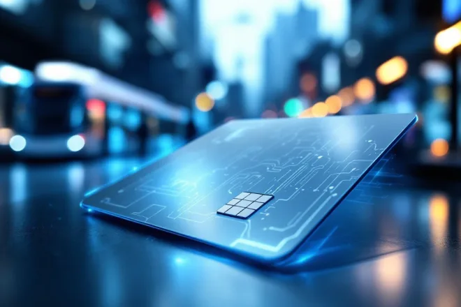 RFID-kaart met microchip en blauwe gloed, voor contactloos betalen. Achtergrond: vervaagde stad. Kleuren: blauw en zilver.