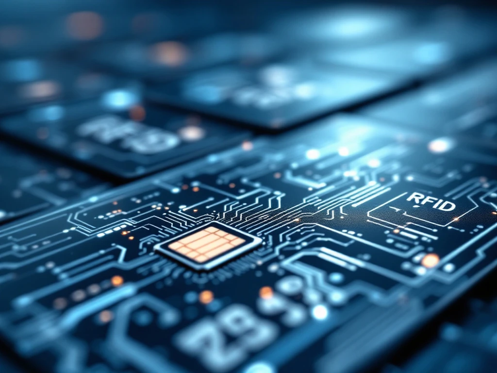 Close-up van een RFID-kaart met circuitpatroon en chip, omlijst door onscherpe kaarten. Metallic zilver en blauw tonen innovatie.