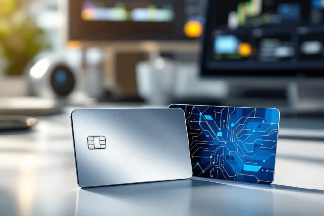 Twee geavanceerde RFID-kaarten, één met metallic glans en één met een kleurrijk patroon, in een moderne werkruimte met subtiele tech-elementen.