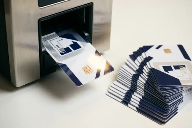 RFID-kaart die uit een industriële kaartprinter komt, met een stapel glanzende kaarten en zichtbare ingebedde chip in warm studiolicht.
