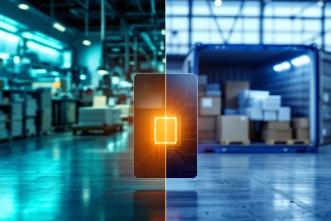 Vergelijking tussen efficiënte in-house RFID-kaartproductie en vertraagde uitbestede productie, met een hoogwaardige toegangskaart centraal.