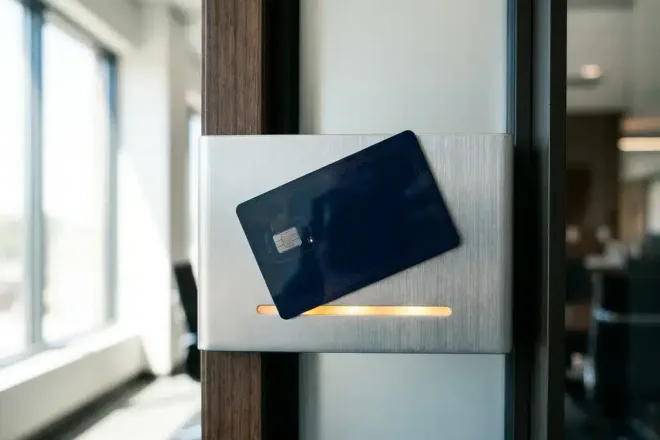Aangepaste RFID-kaart met zichtbare chip op een toegangscontrolepaneel naast een kantoourdeur, zilver en marineblauw met amberkleurig licht.